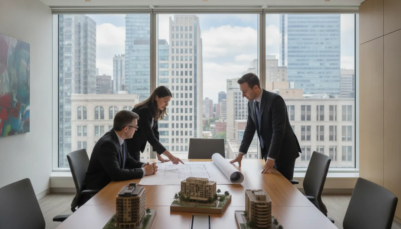 Institutional property management team reviewing a commercial portfolio in a Montreal boardroom