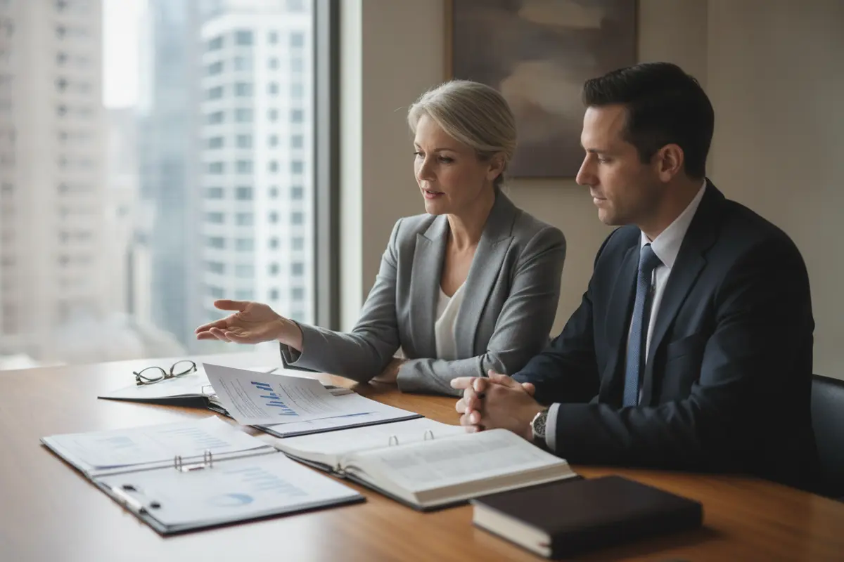 Owner and property manager reviewing a building financial report