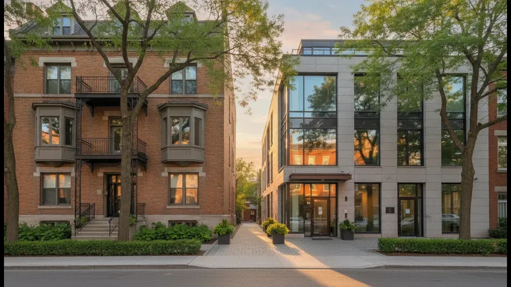 Residential and modern commercial buildings viewed during a Montreal property operations review