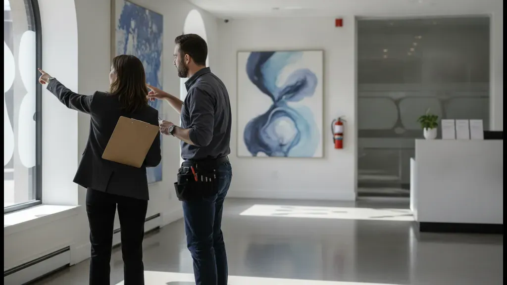 Property manager and owner reviewing a Montreal building during an operations walkthrough