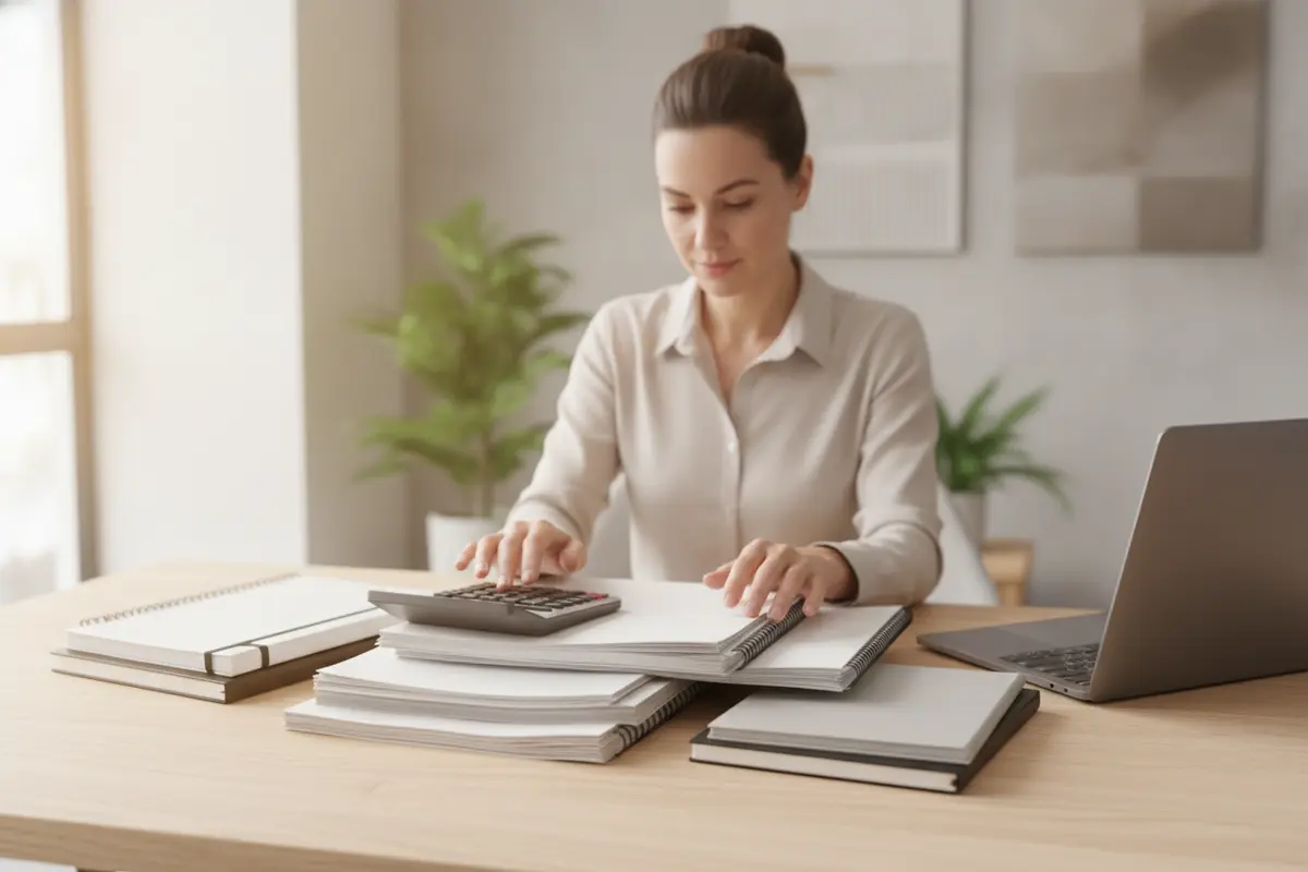 Property manager organizing rent records and supplier invoices
