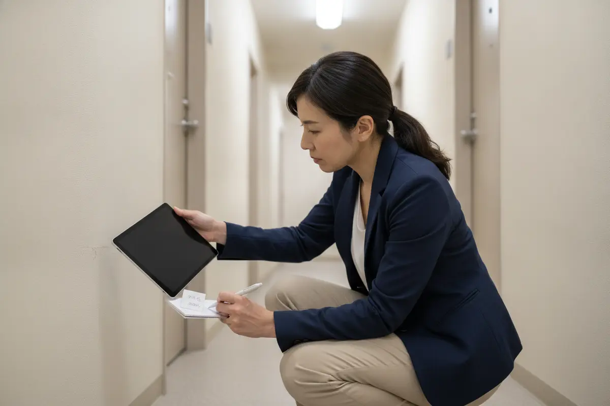 Property manager recording observations and incident details in a building corridor