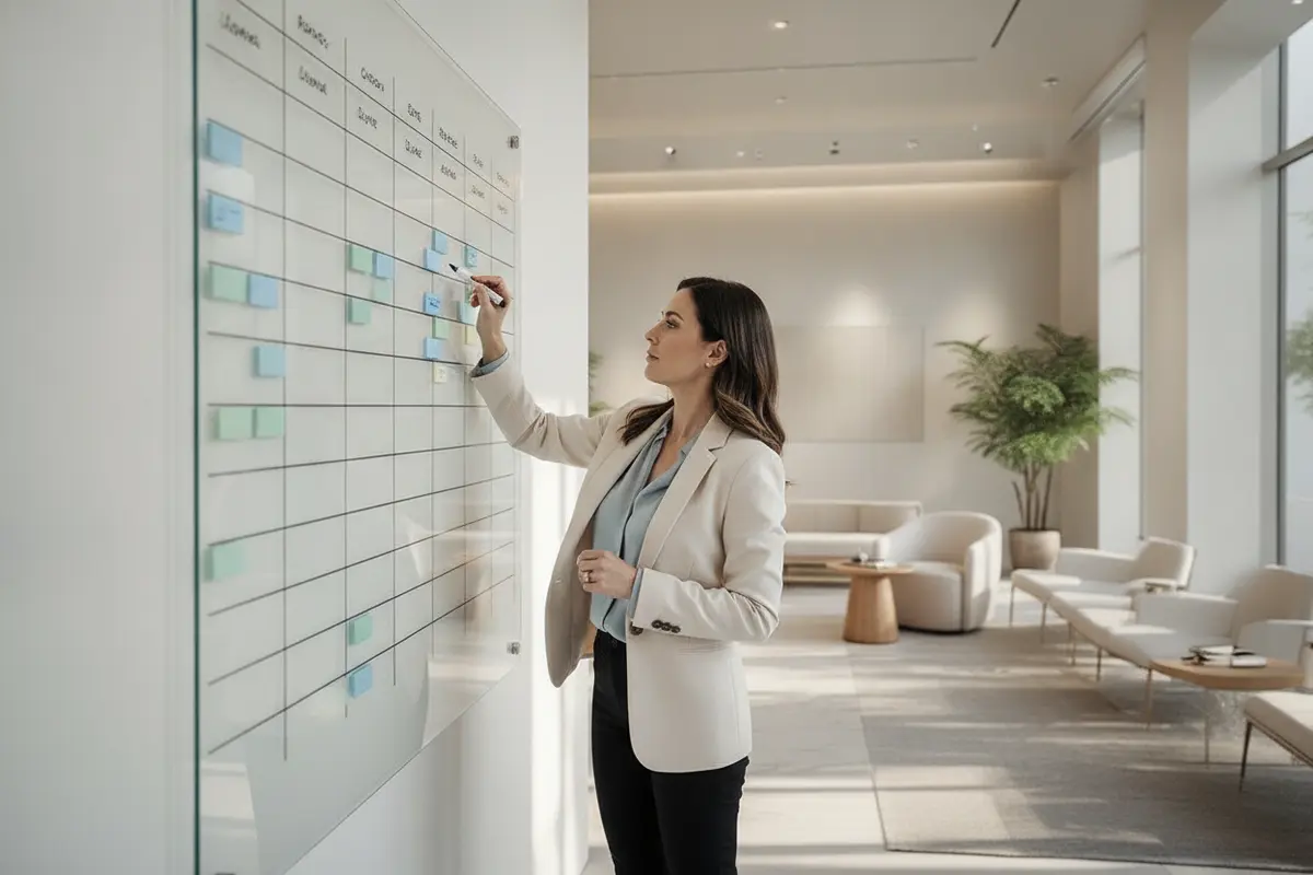 A medical spa owner maps provider hours and appointment capacity on a planning board