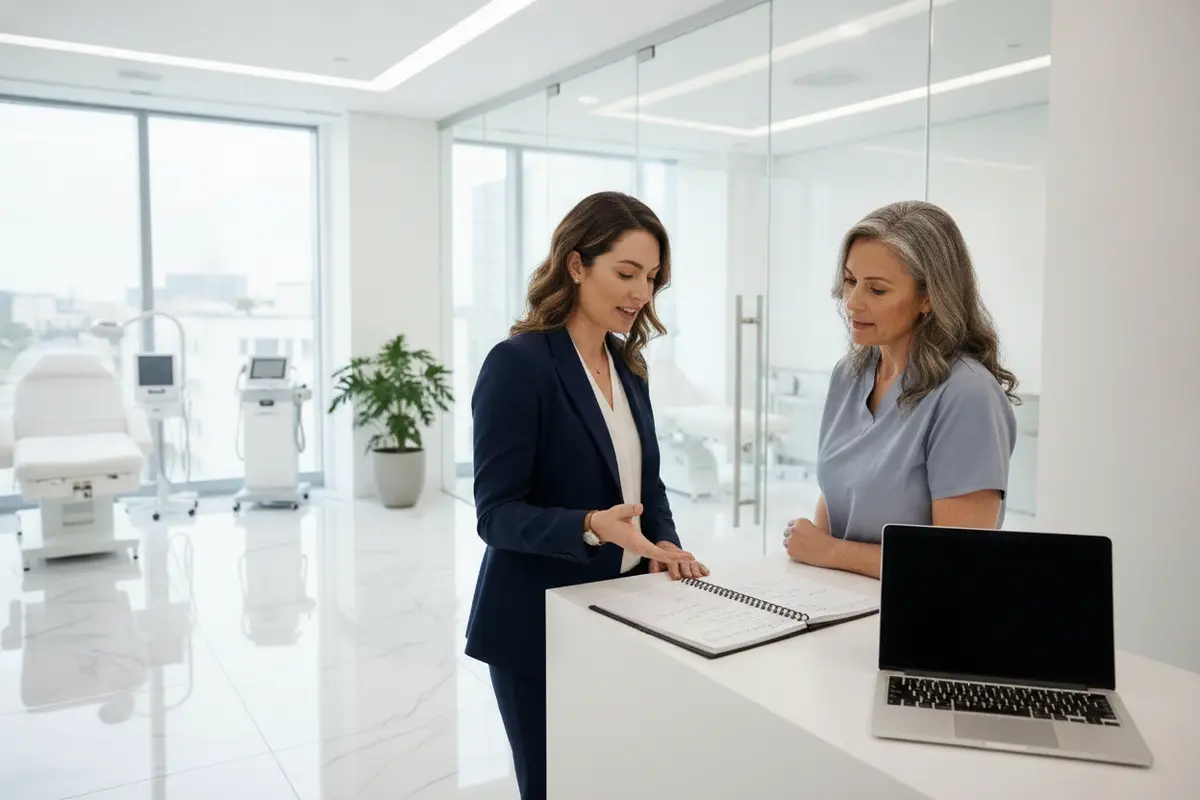 A practice manager and provider review appointment and room capacity