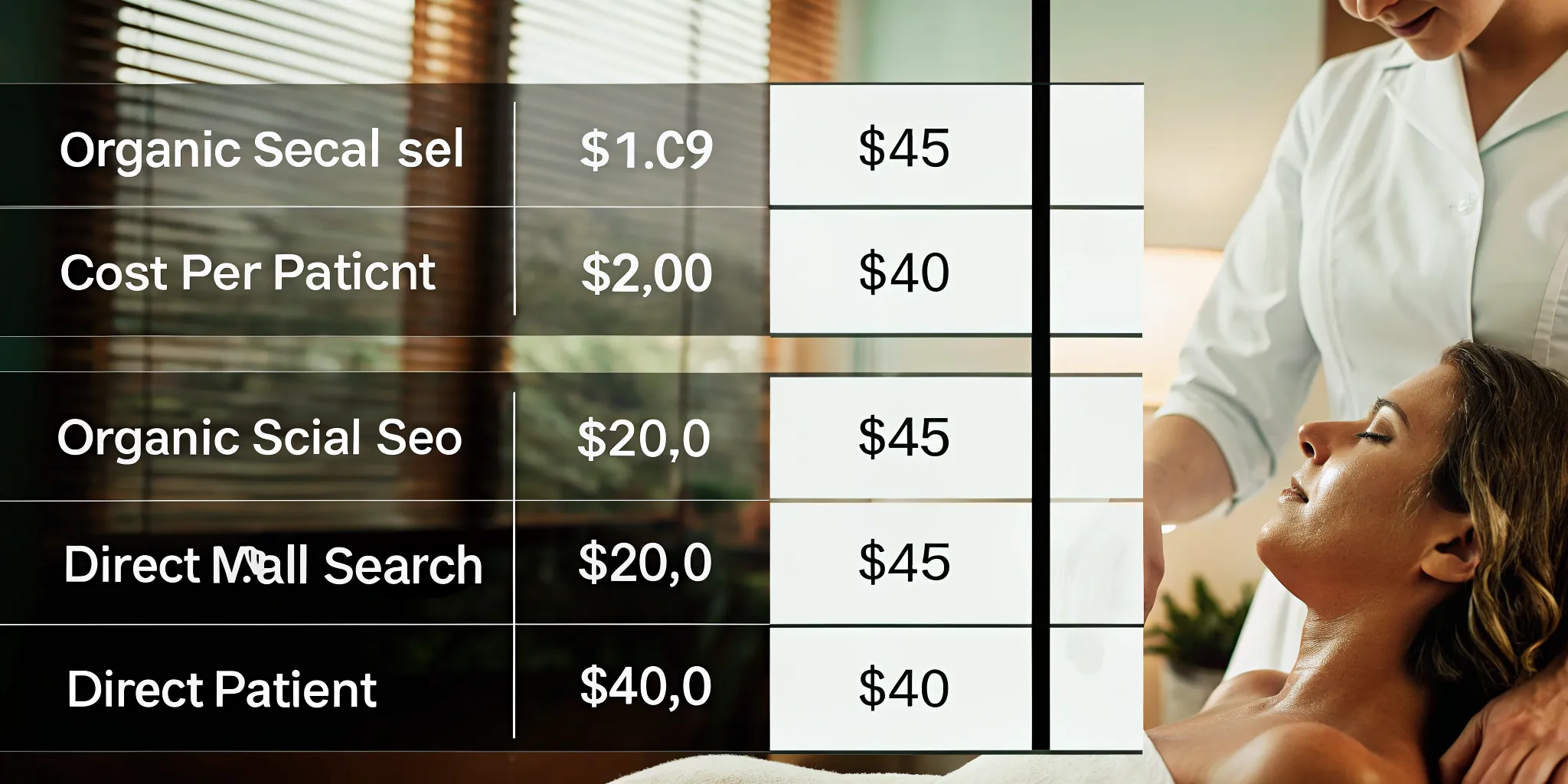 Marketing channel cost comparison chart showing organic SEO at $215, direct mail at $240, paid social at $291, and paid search at $342 per patient acquired