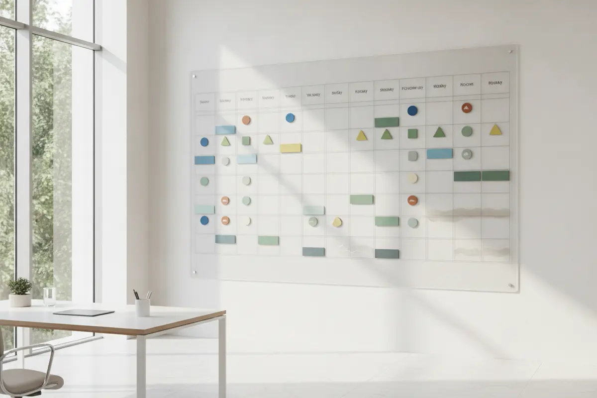 Diagram-style planning board connecting services, staff, rooms, and weekly capacity
