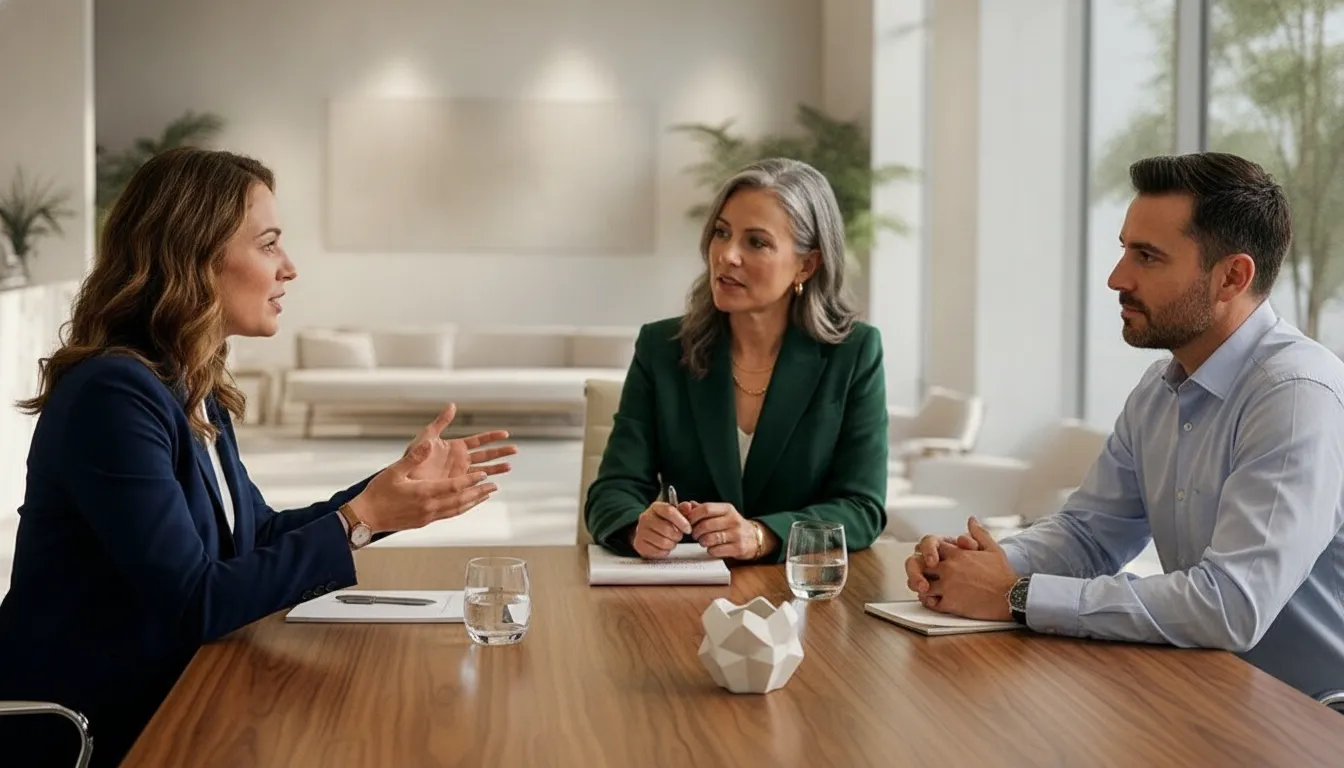 Medical spa owner and advisor discussing growth priorities in a team meeting