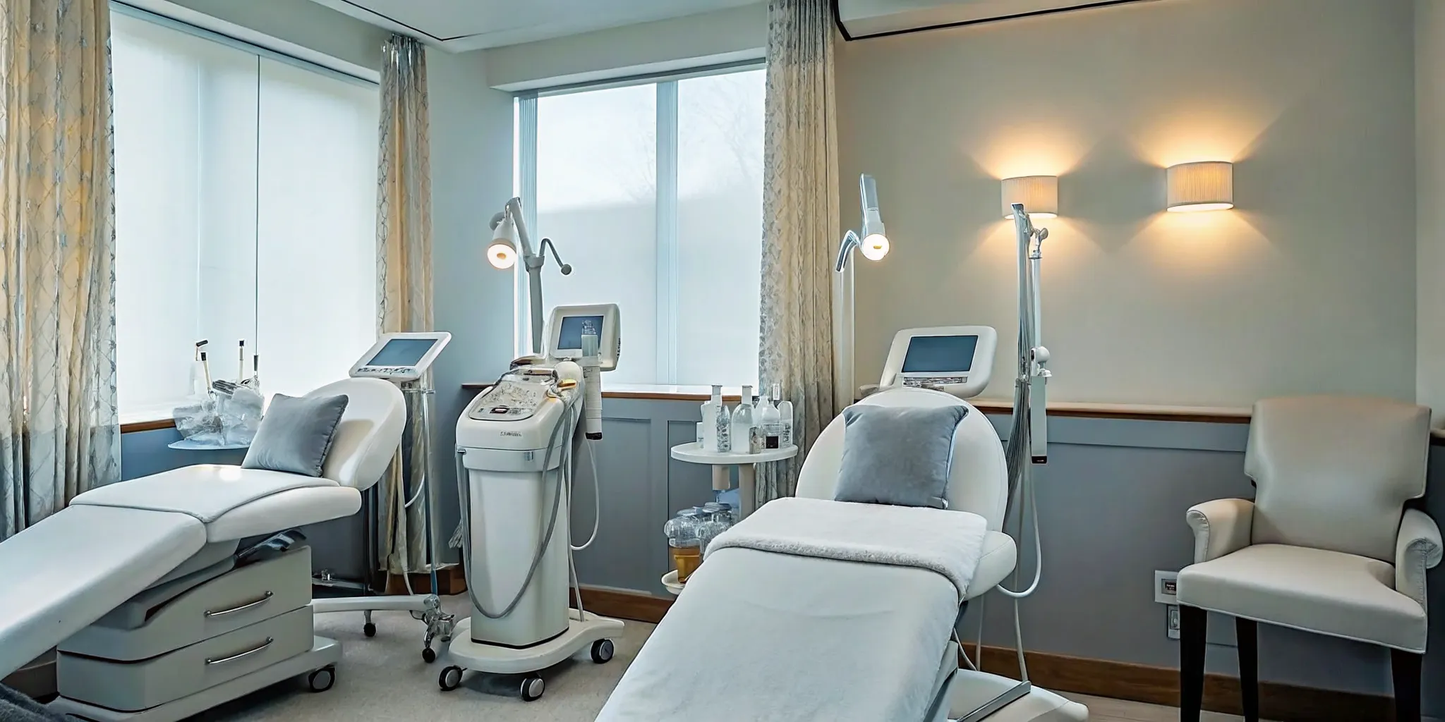 Modern medical spa treatment room with aesthetic equipment and warm ambient lighting