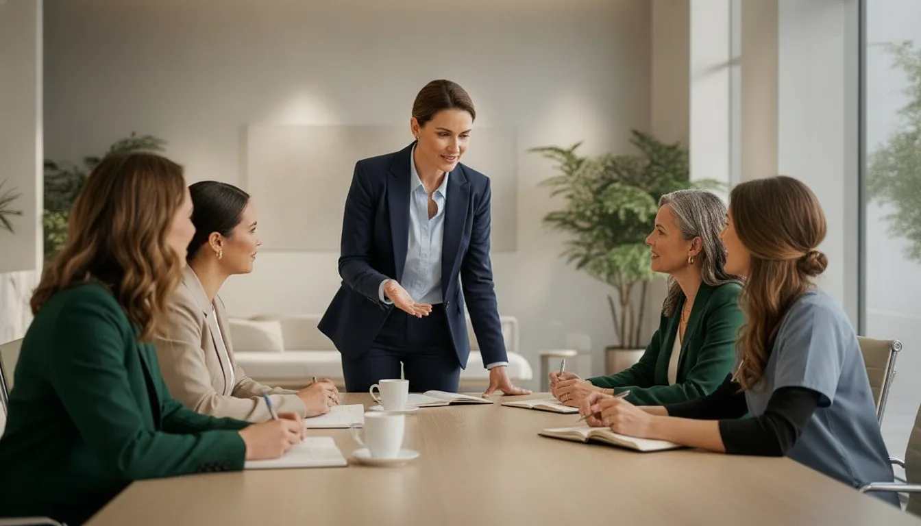 Business advisor coaching a medical aesthetics practice team