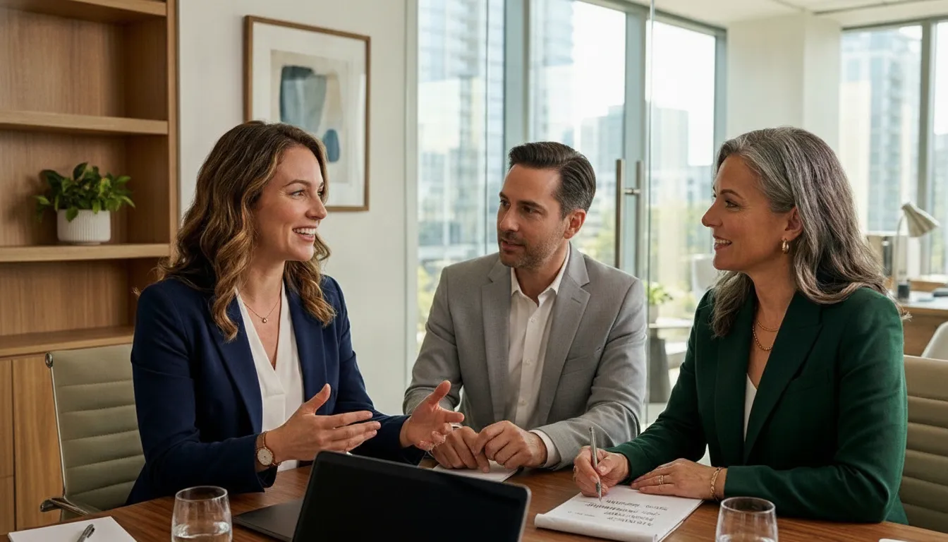 Med spa owner and consultant reviewing treatment economics in a bright professional office