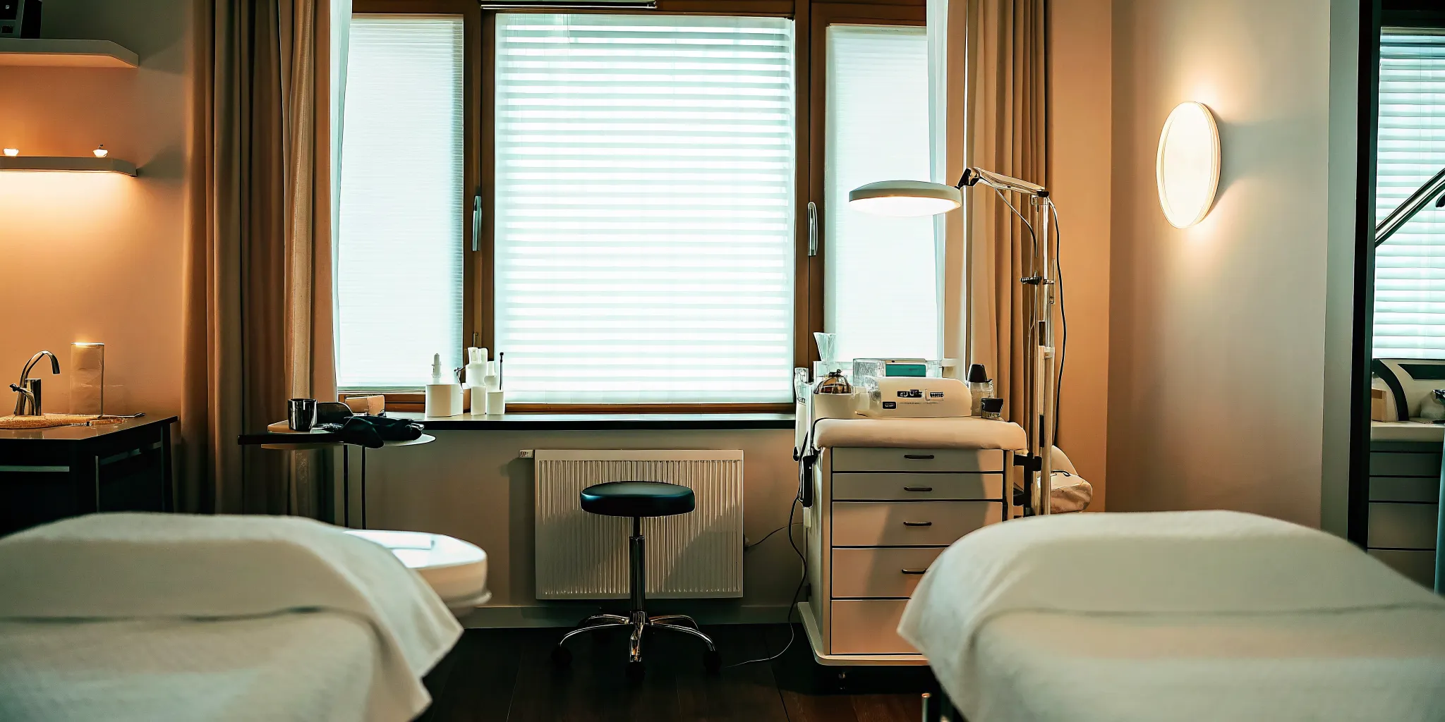 Modern medical spa treatment room with professional aesthetic laser equipment and clean clinical design