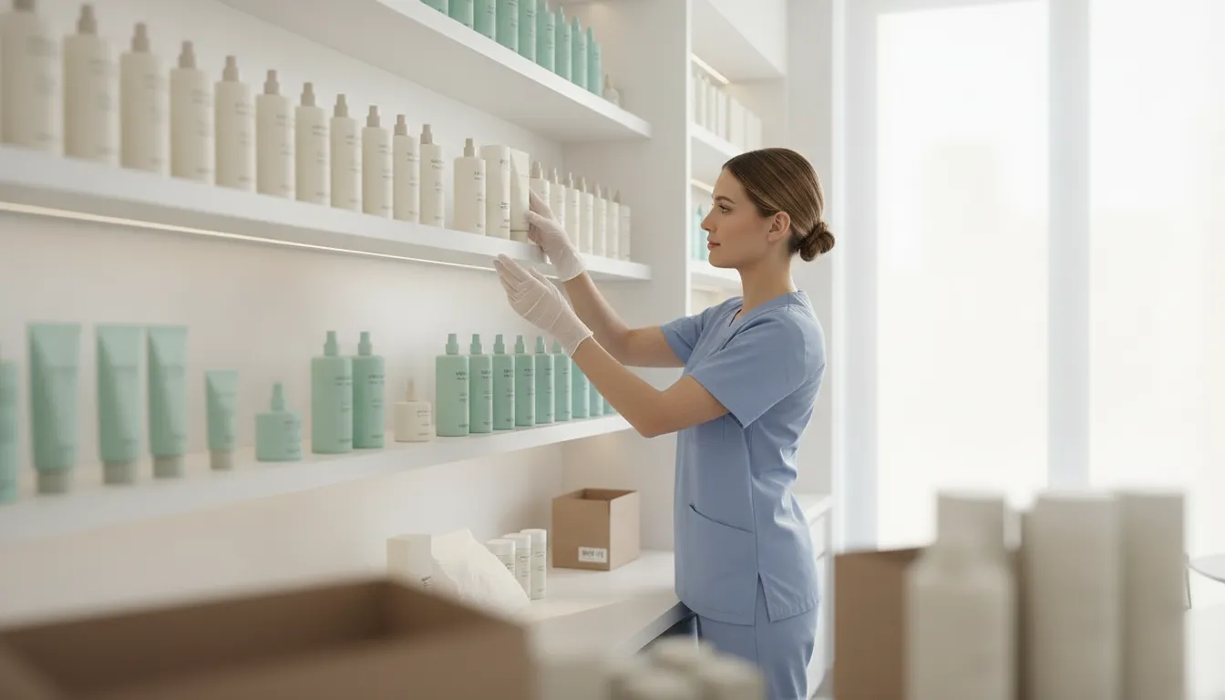 Med spa staff member stocking a clean shelf of skincare products in a treatment room