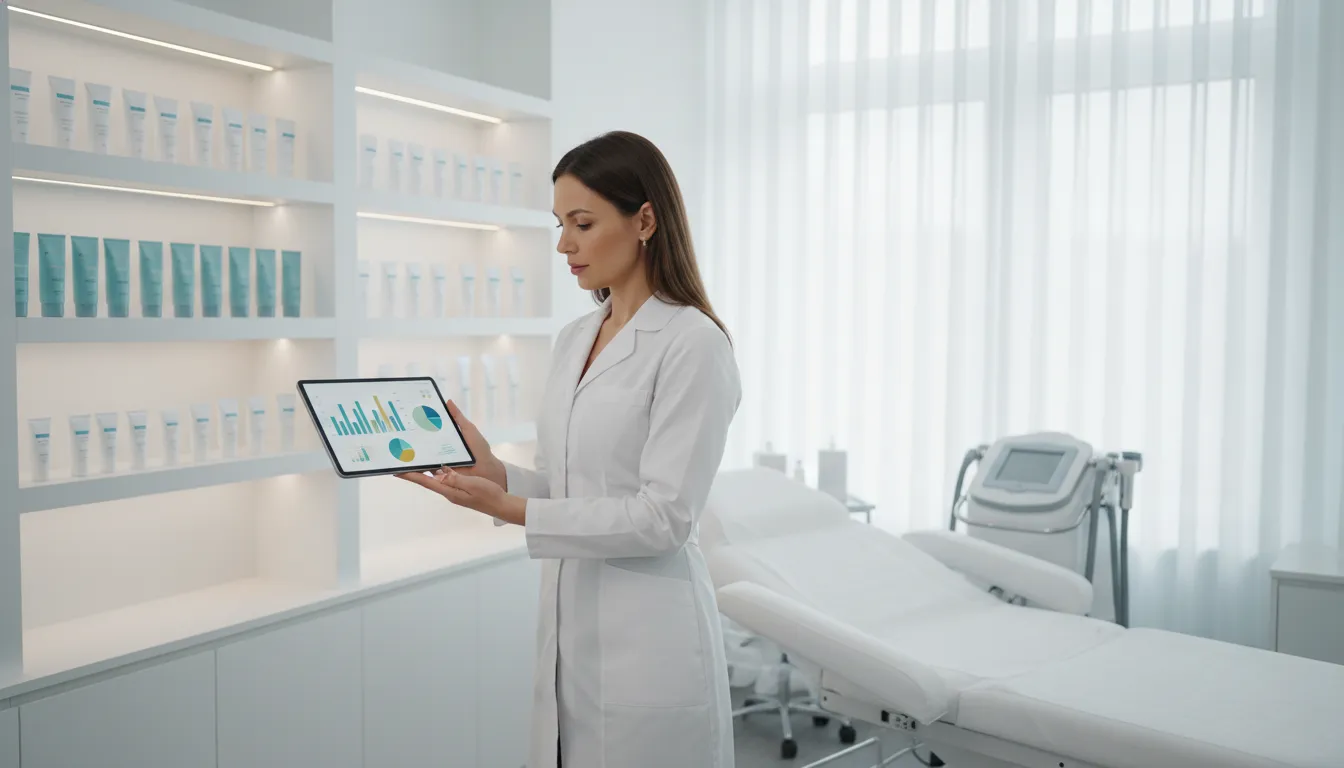 Med spa owner reviewing inventory metrics that affect med spa profitability