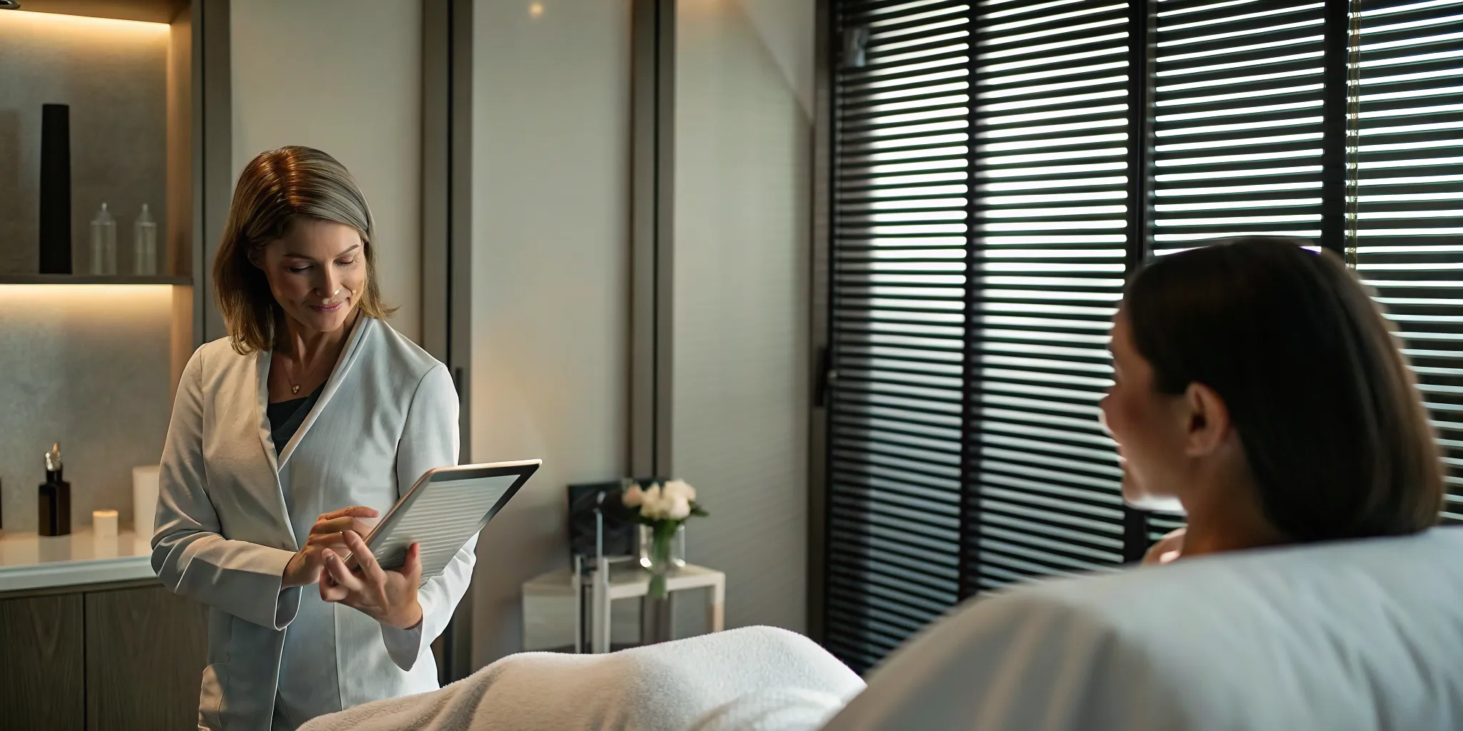 Medical spa practitioner reviewing KPI data on a tablet in a treatment room