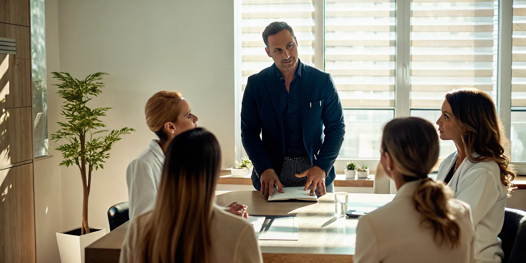 Med spa owner leading a team meeting to reduce founder dependency