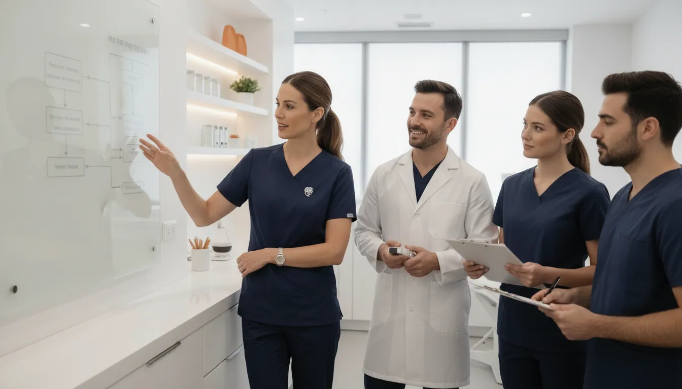 Med spa team leader discussing workflow ownership with an advisor