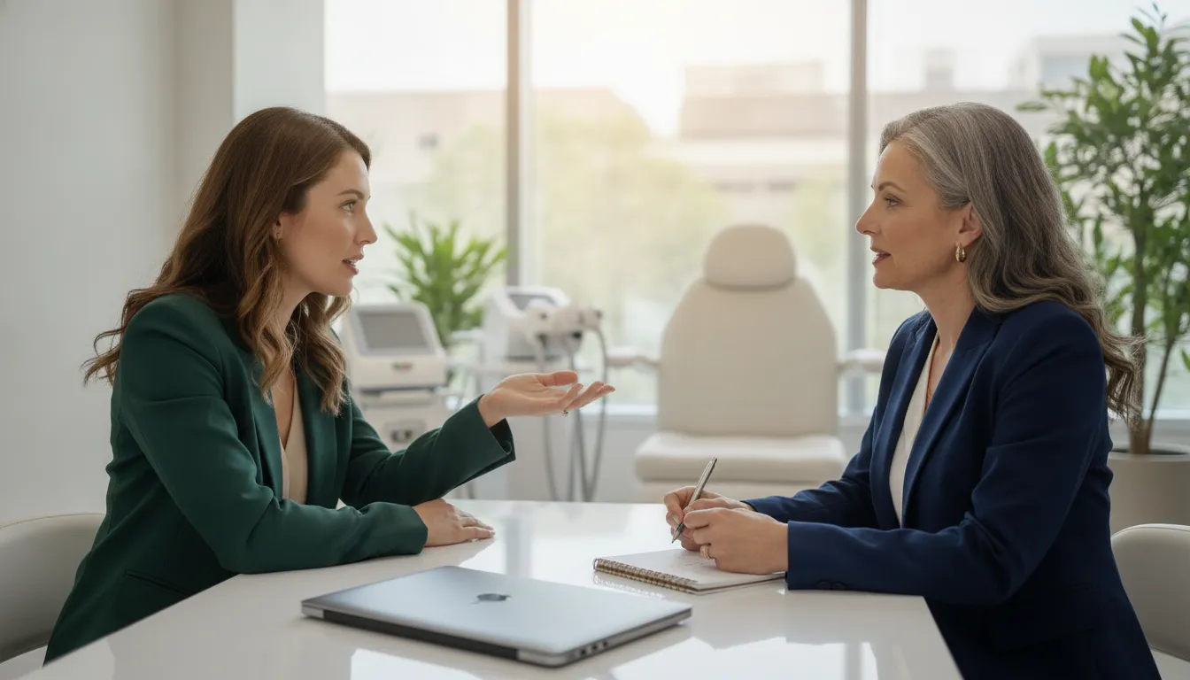Medspa owner reviewing financial reporting with an advisor