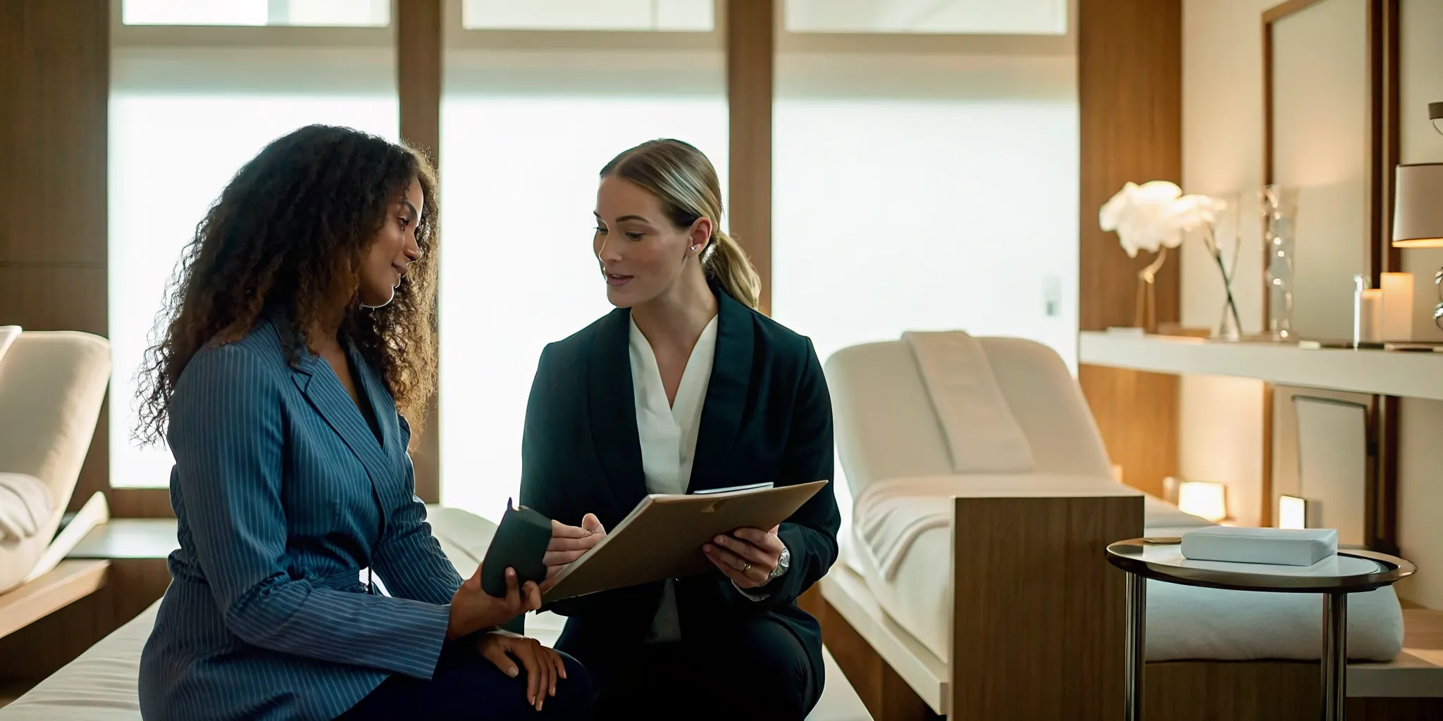 Med spa manager coaching a provider during a performance review
