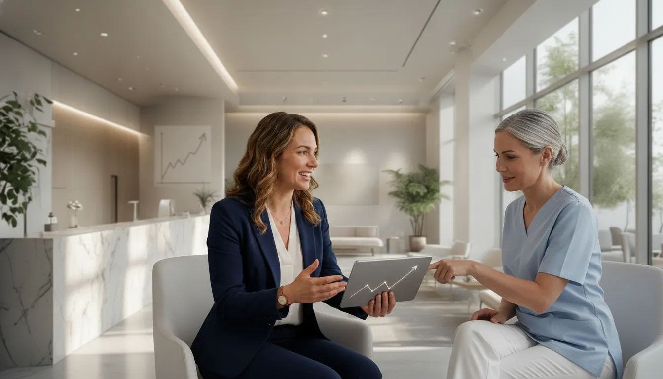 Practice owner reviewing a monthly practice management ROI scorecard with a consultant