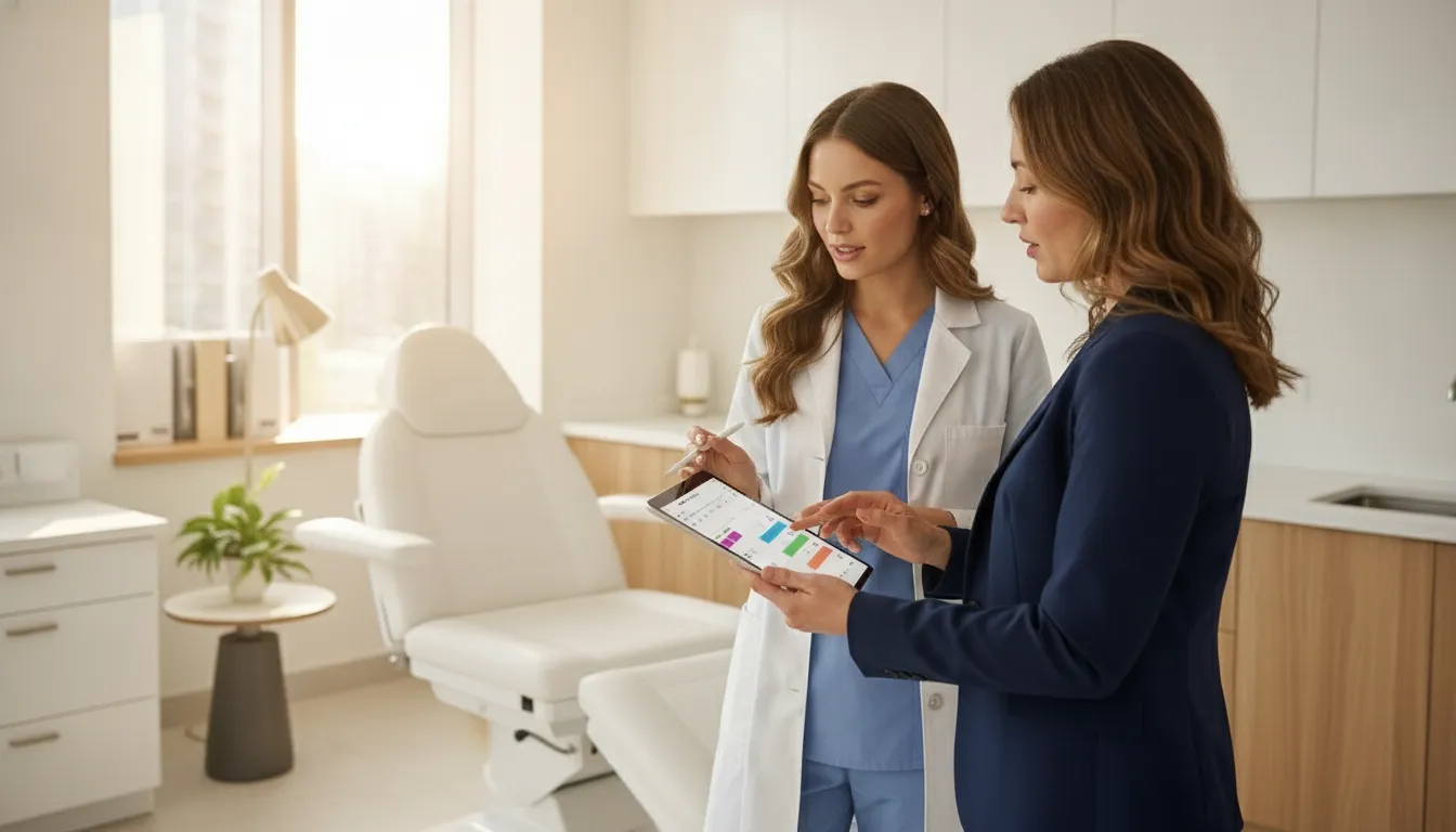 Clinic operations manager reviewing a schedule with an aesthetic provider in a bright treatment room