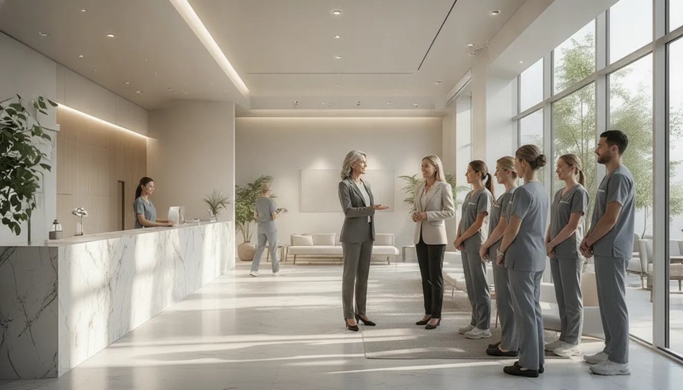 Medical practice team meeting with a prospective buyer during operational due diligence