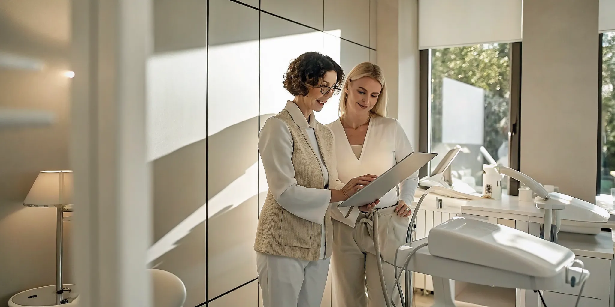 A professional business coach guiding a medical spa owner through clinic operations.