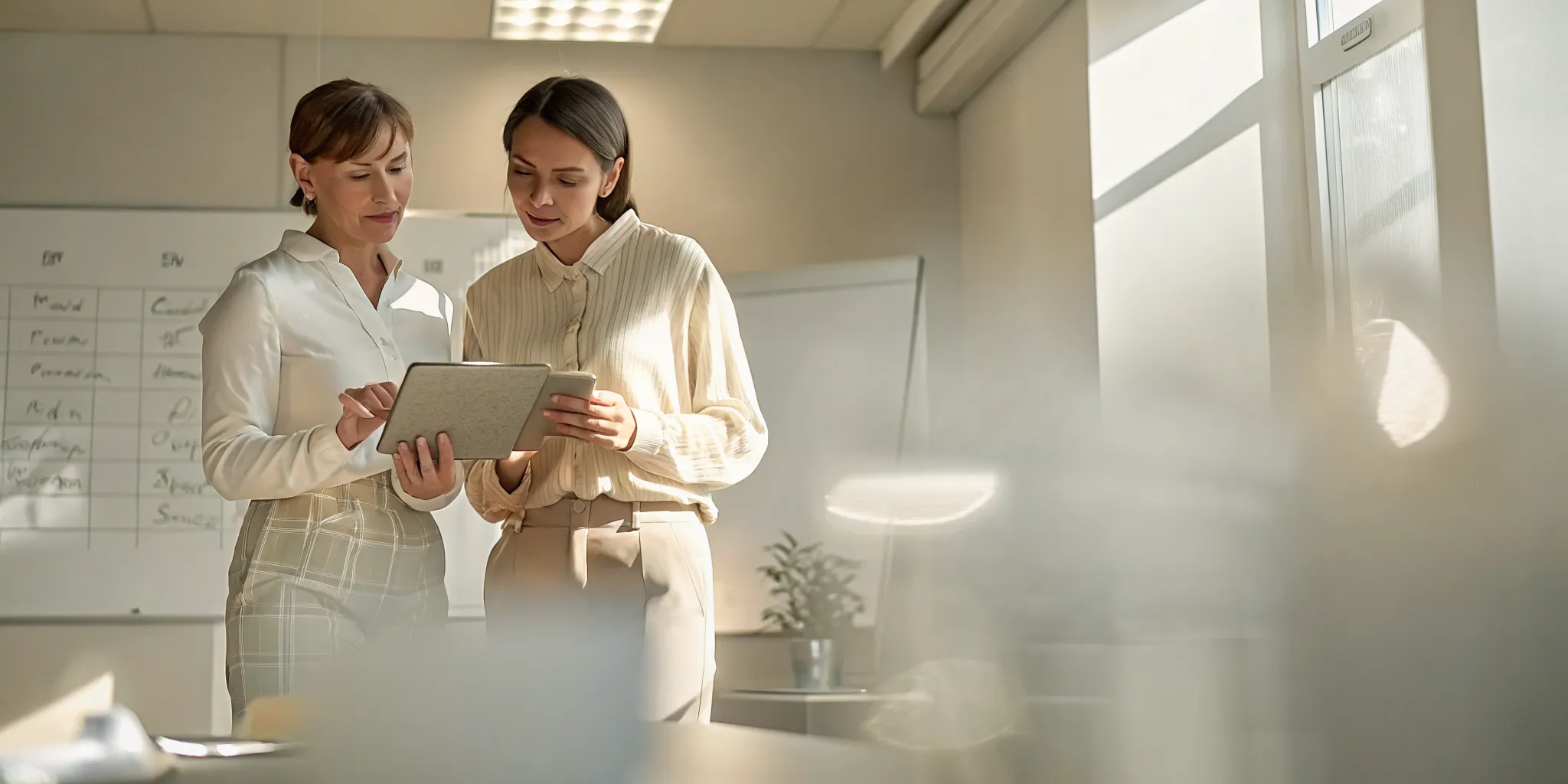 Two med spa owners reviewing pricing analysis with a consultant in a modern consultation room, whiteboard with framework visible in the background