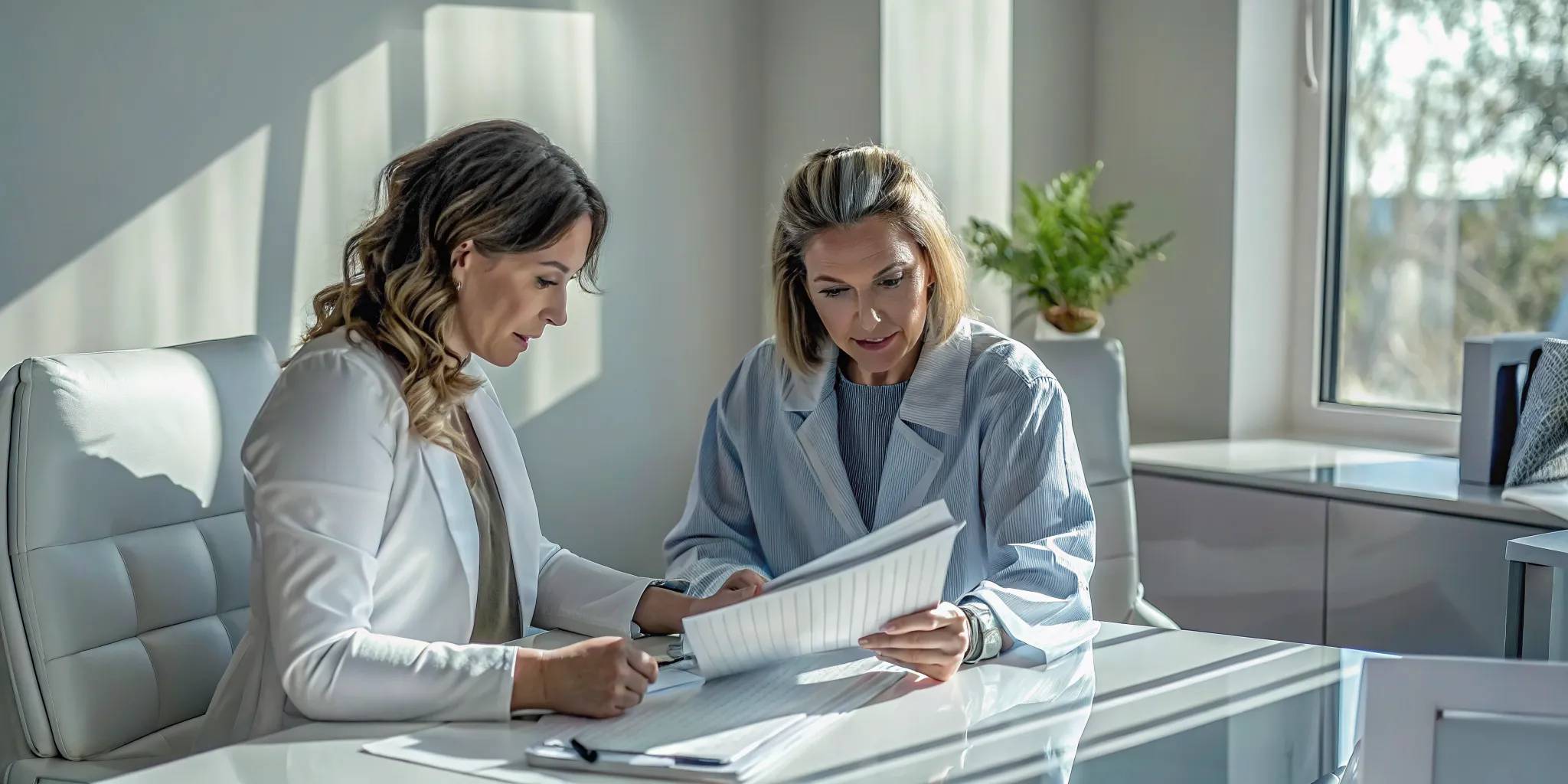Med spa owner and operations manager reviewing a practice workflow checklist together in a professional office