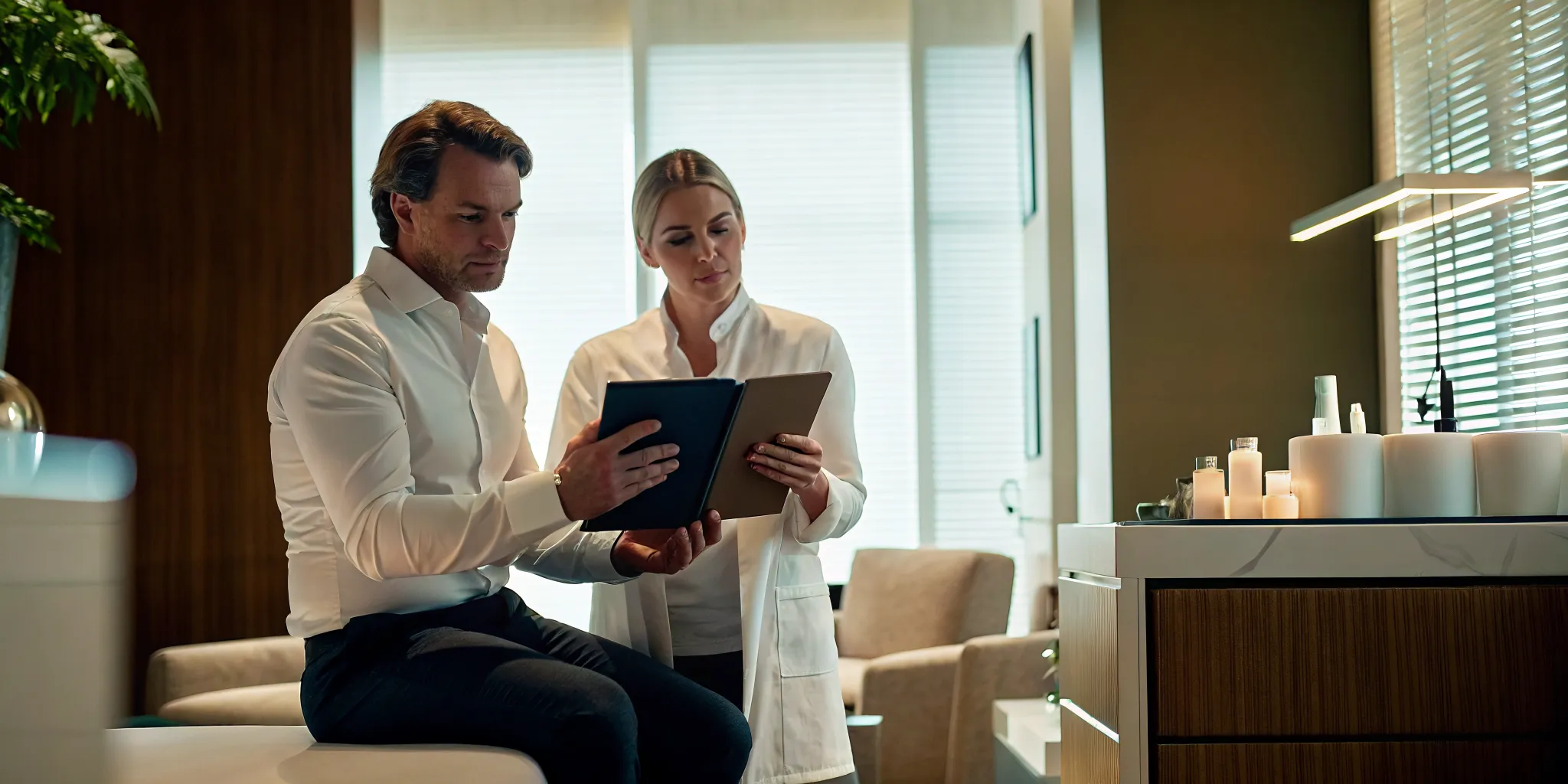 Two business professionals reviewing a financial scorecard and KPI dashboard on a tablet in a medical spa office