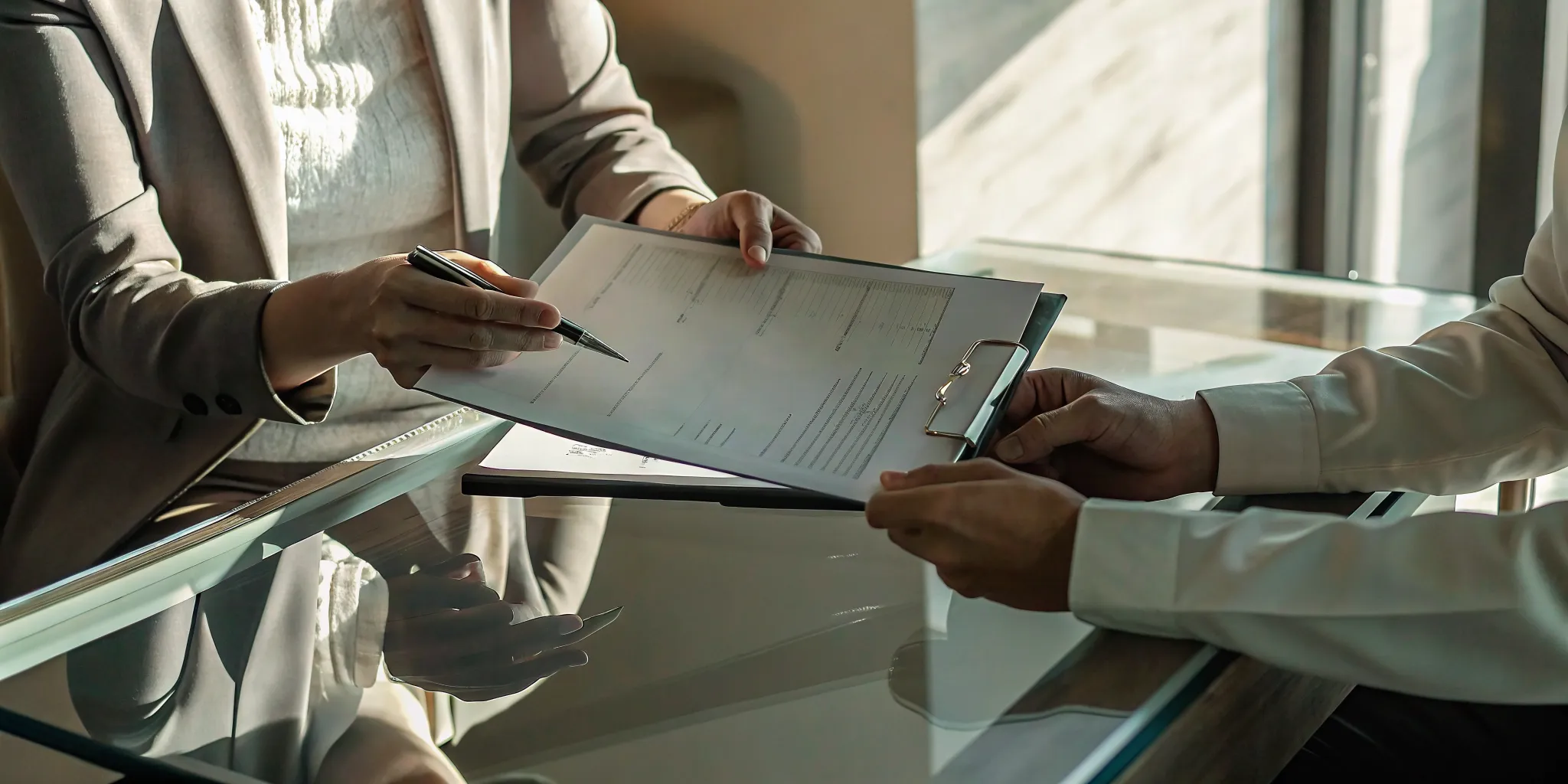 Business consultant presenting a service bundle model to a med spa owner at a table, financial materials visible but not the focal point