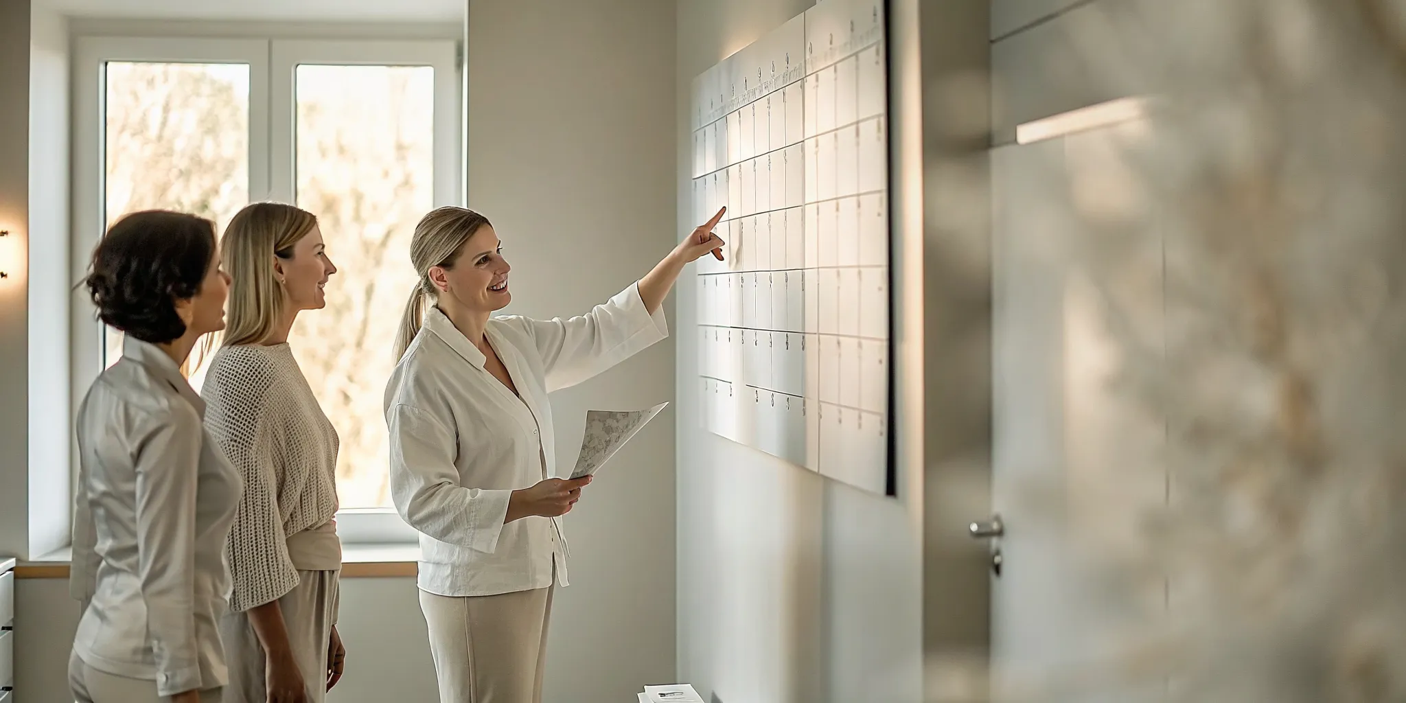A smiling aesthetic consultant discussing a customized treatment plan with a client in a bright modern office