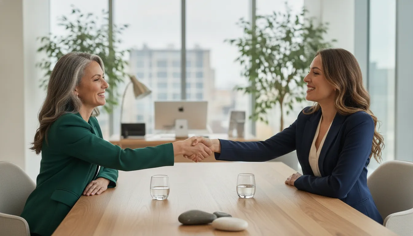 Practice owner and advisor agreeing on terms in a modern office