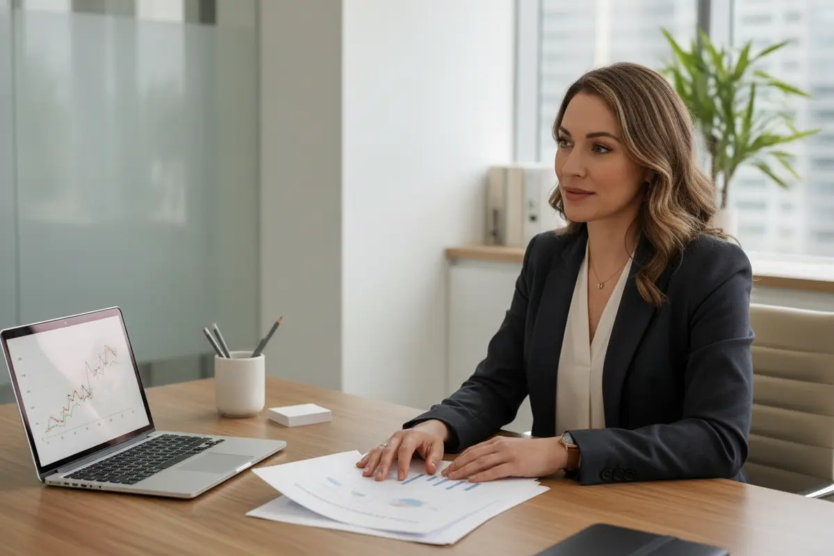 Medical spa owner reviewing a service economics worksheet and monthly cash-flow forecast