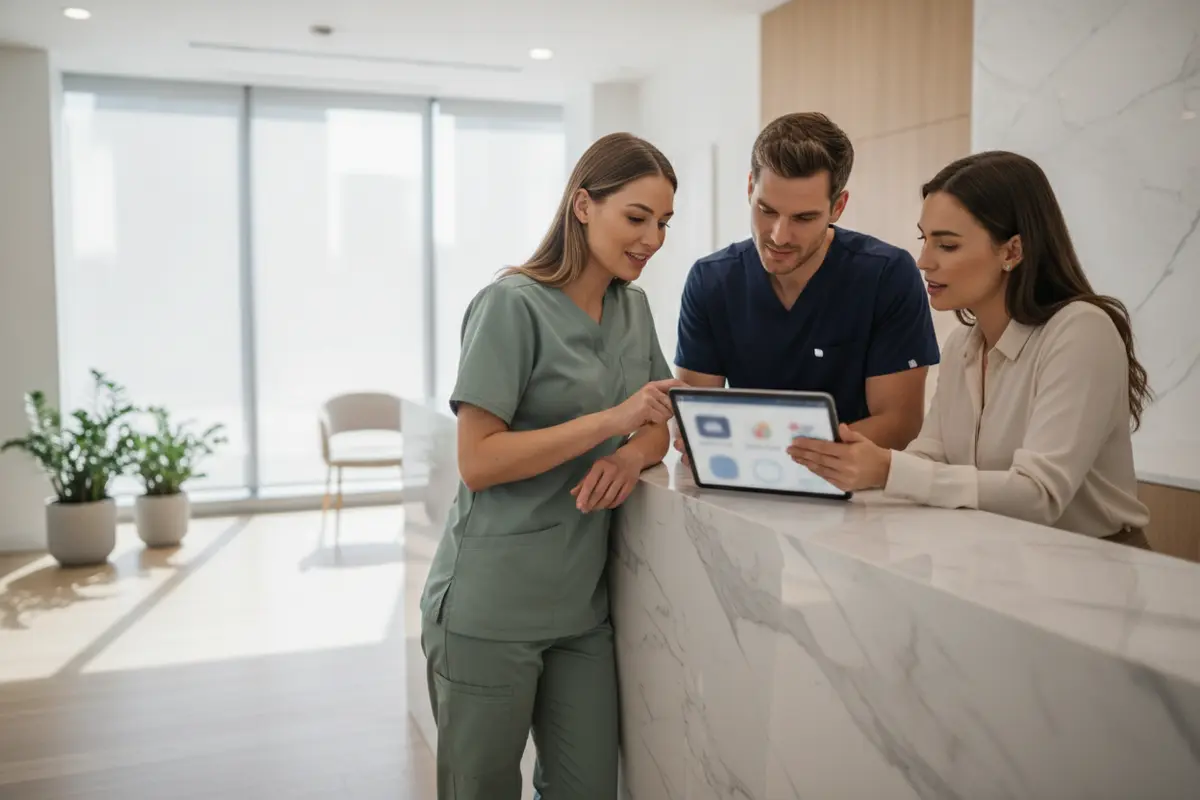 Medical spa staff reviewing a simple client consultation and follow-up workflow