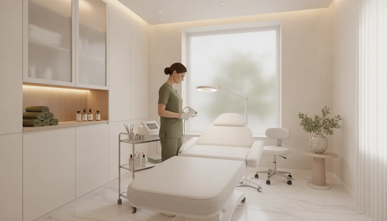 Clinician preparing a safe med spa service in a treatment room