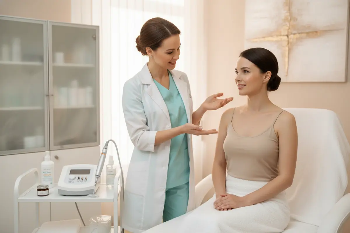 A client and skincare professional reviewing a microneedling treatment plan