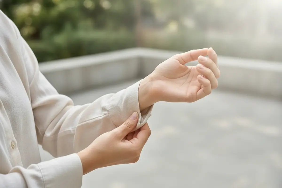 A client protects the back of the hand from direct sun after a laser appointment
