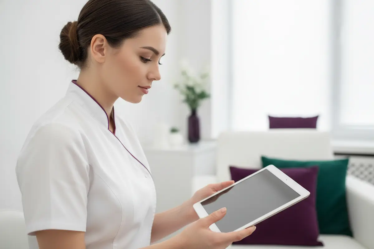 A patient and skincare professional reviewing questions about skin tightening during a consultation.