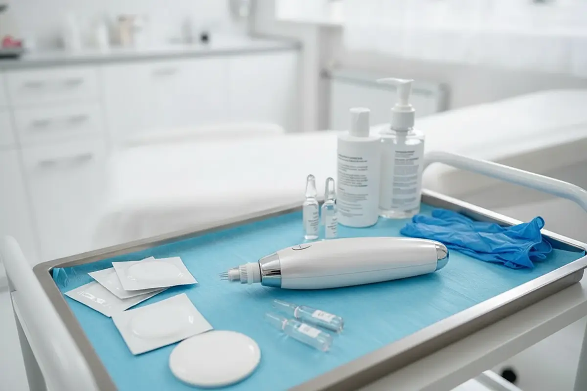 A professional microneedling device prepared in a clean treatment room