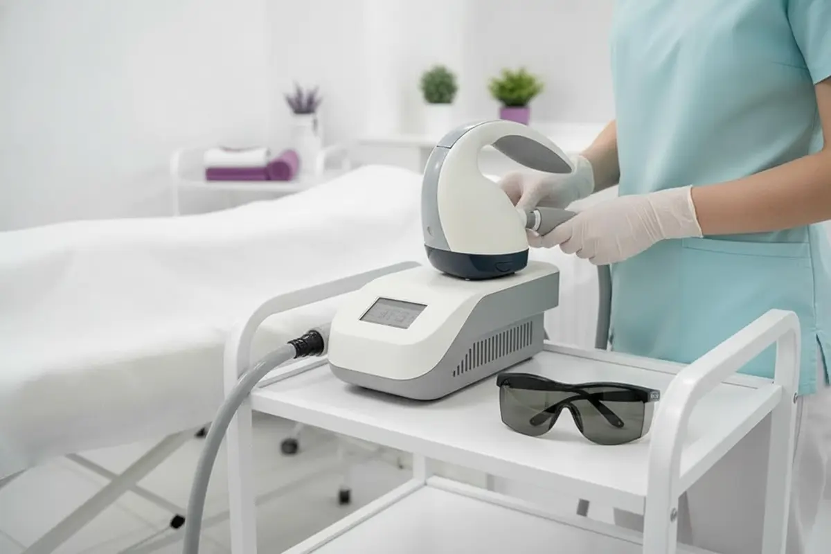 A provider preparing a clean laser hair removal treatment room before an appointment