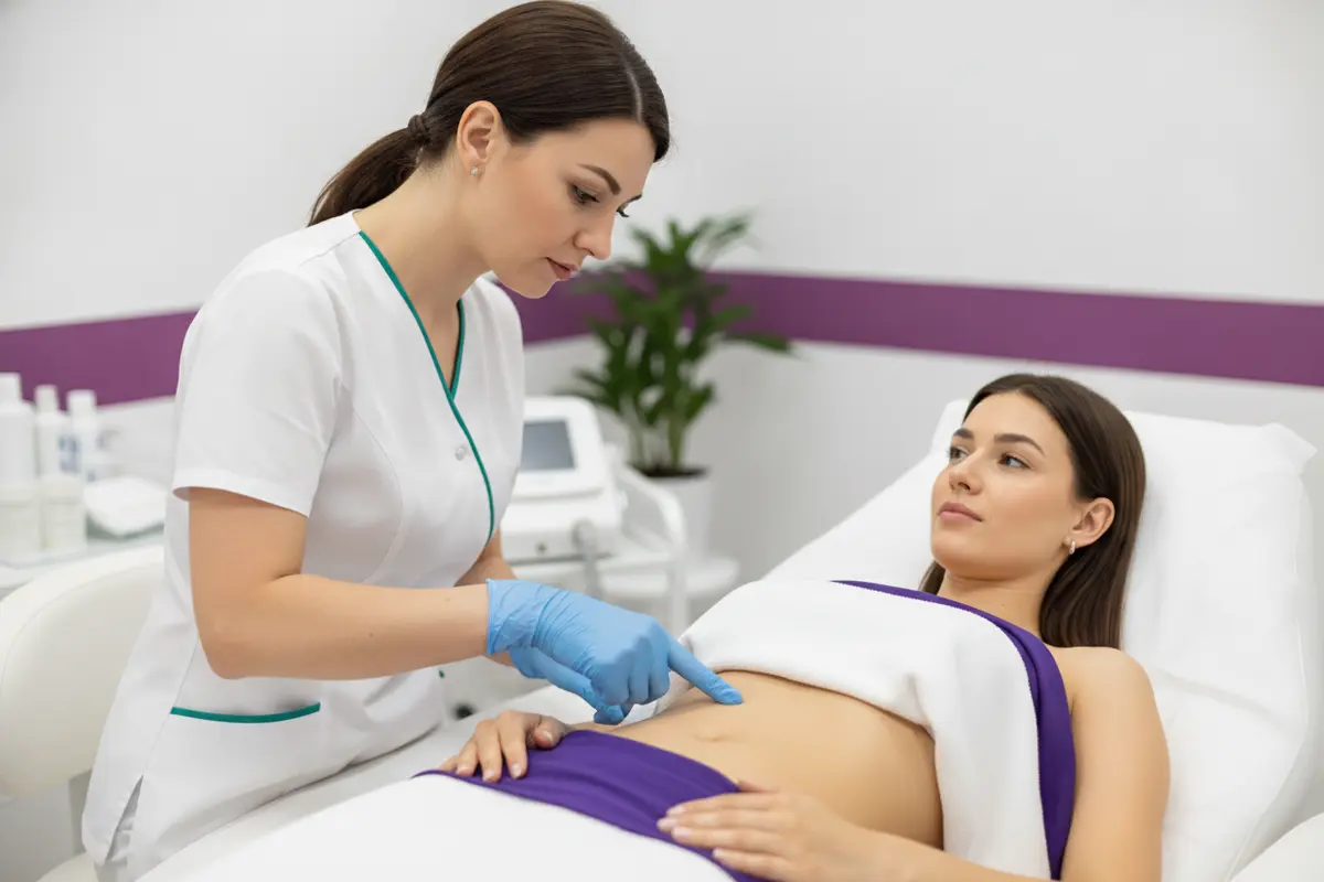 A provider reviews a stomach Laser Hair Removal treatment area with a client
