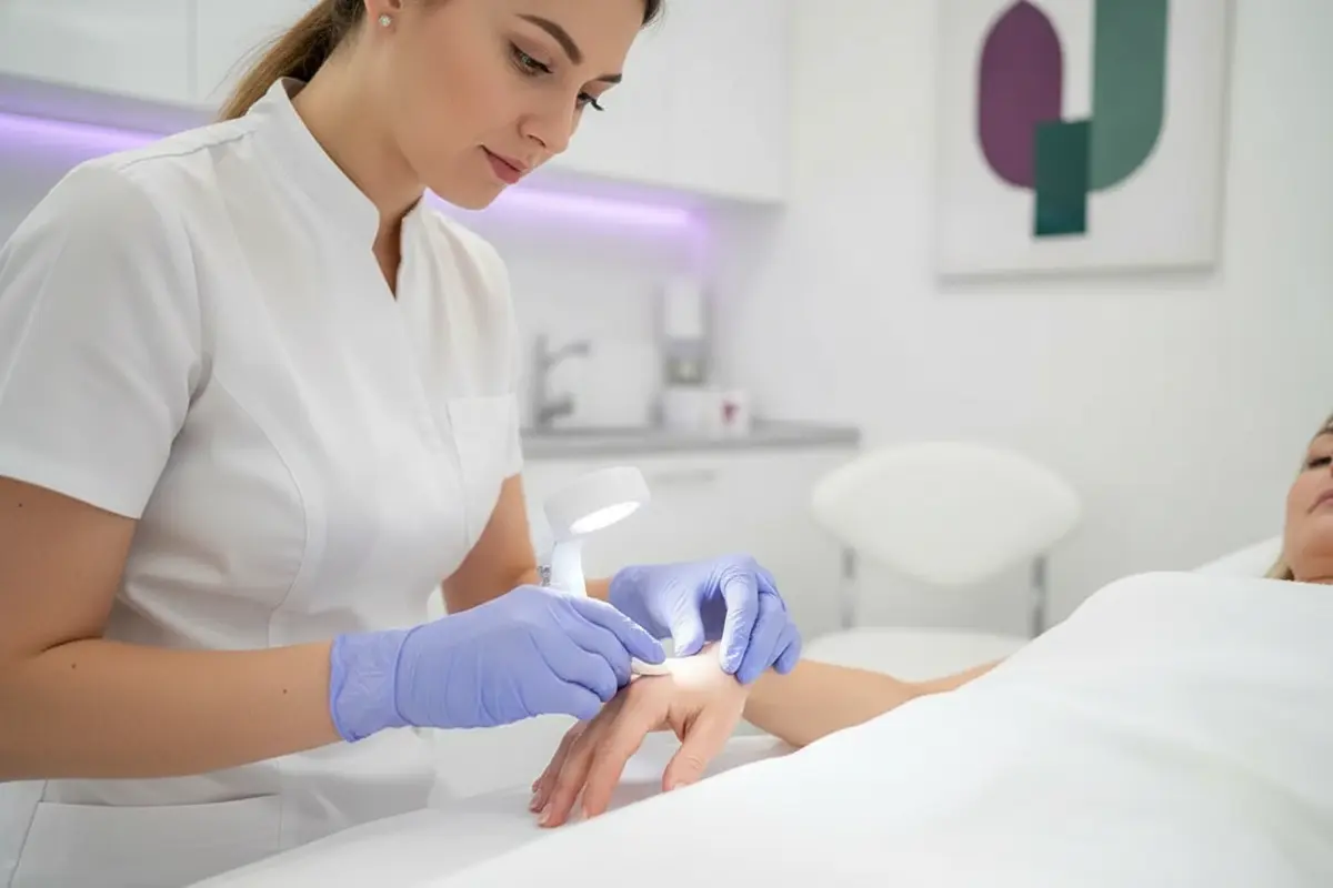 A provider reviews hair growth on the back of a client’s hand during a consultation