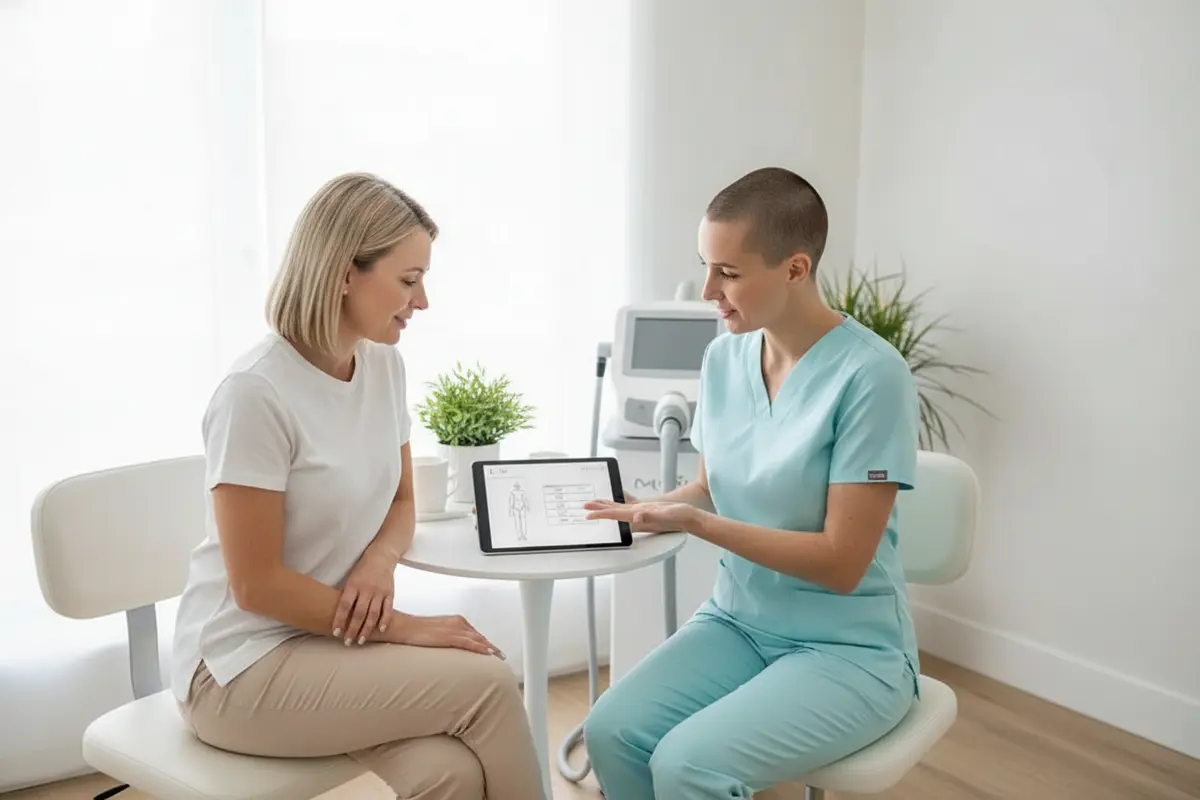 Client and provider reviewing a personalized Laser Hair Removal plan during a consultation