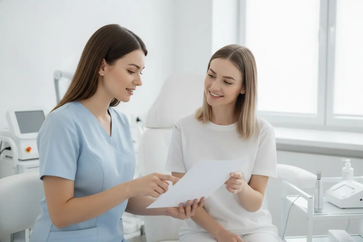 Client and skincare professional discussing microneedling consultation questions