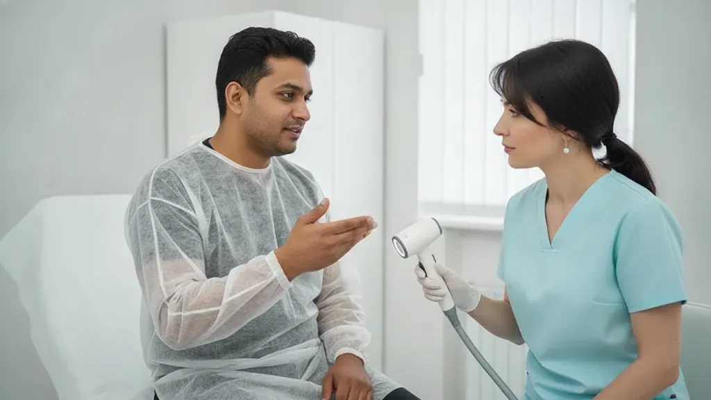 Dermatologist discussing a careful skin assessment with a patient