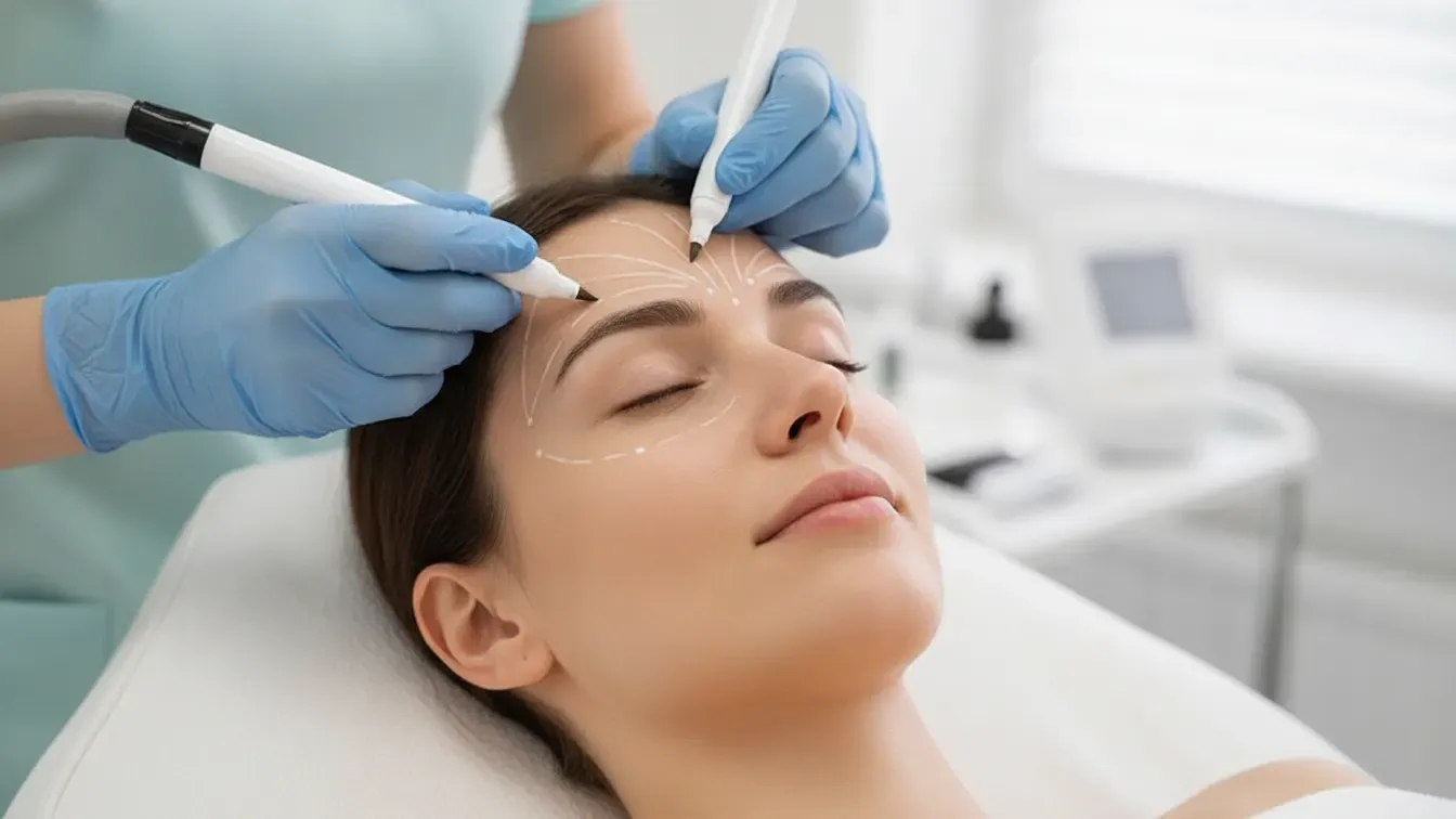 Clinician assessing facial muscles before a neuromodulator treatment