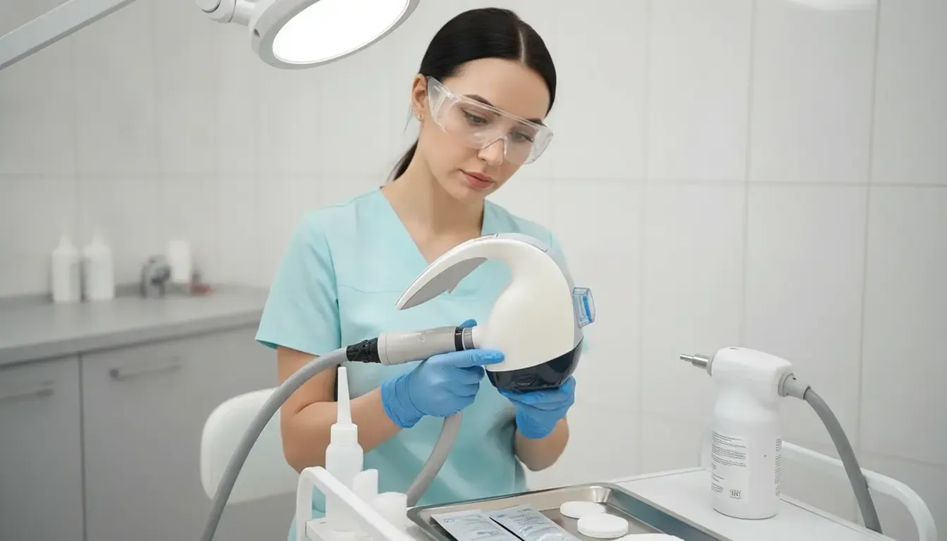 Licensed professional preparing laser hair removal equipment