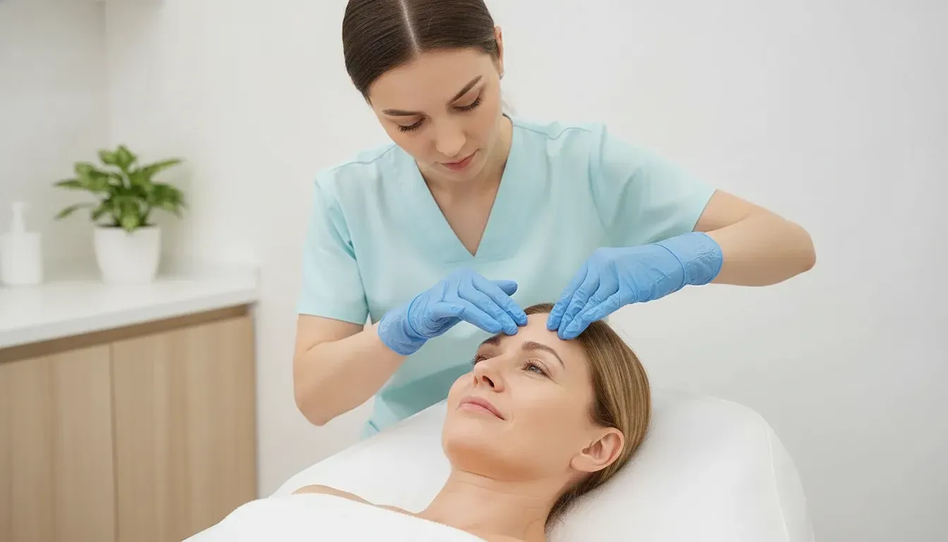 Clinician assessing facial expression lines before a Botox, Dysport, or Xeomin consultation