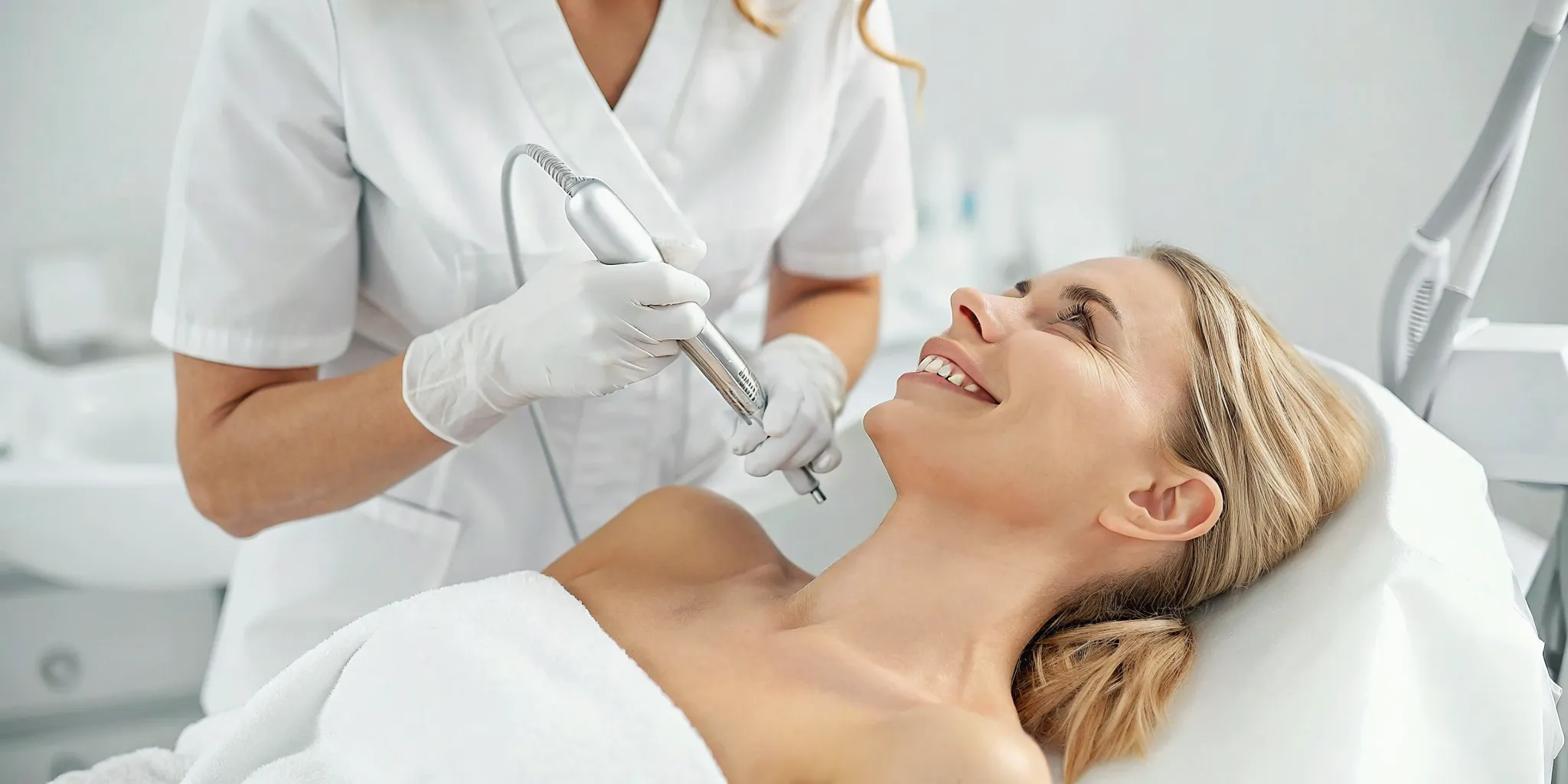 Licensed aesthetician performing a detailed professional skincare consultation and assessment in a luxury DFW med spa
