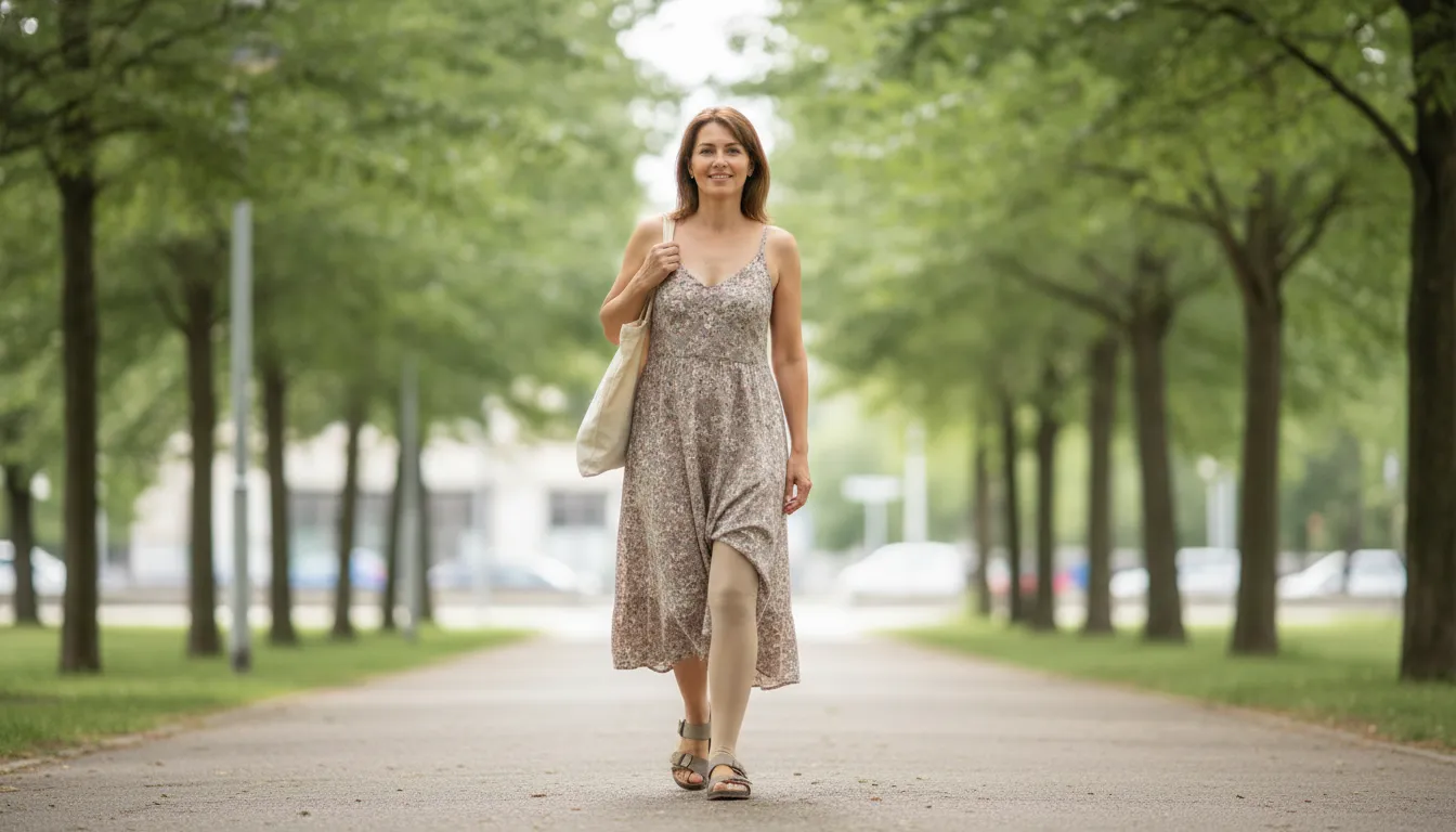 Patient walking comfortably while wearing a knee-high compression stocking after leg vein treatment